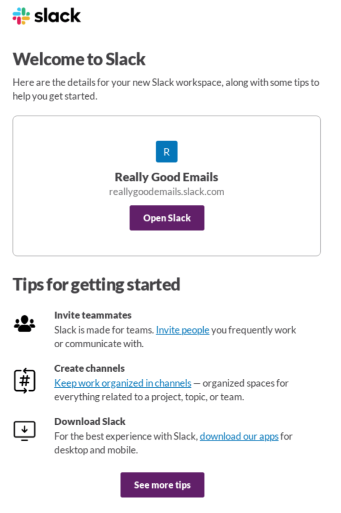 Email d'exemple de bienvenue Slack
